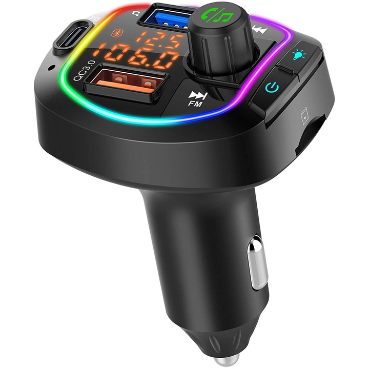 Autós készlet BlueTooth 5.0 FMT66 FM modulátor, QC 3.0 töltő, C típusú PD, microSD, iTab
