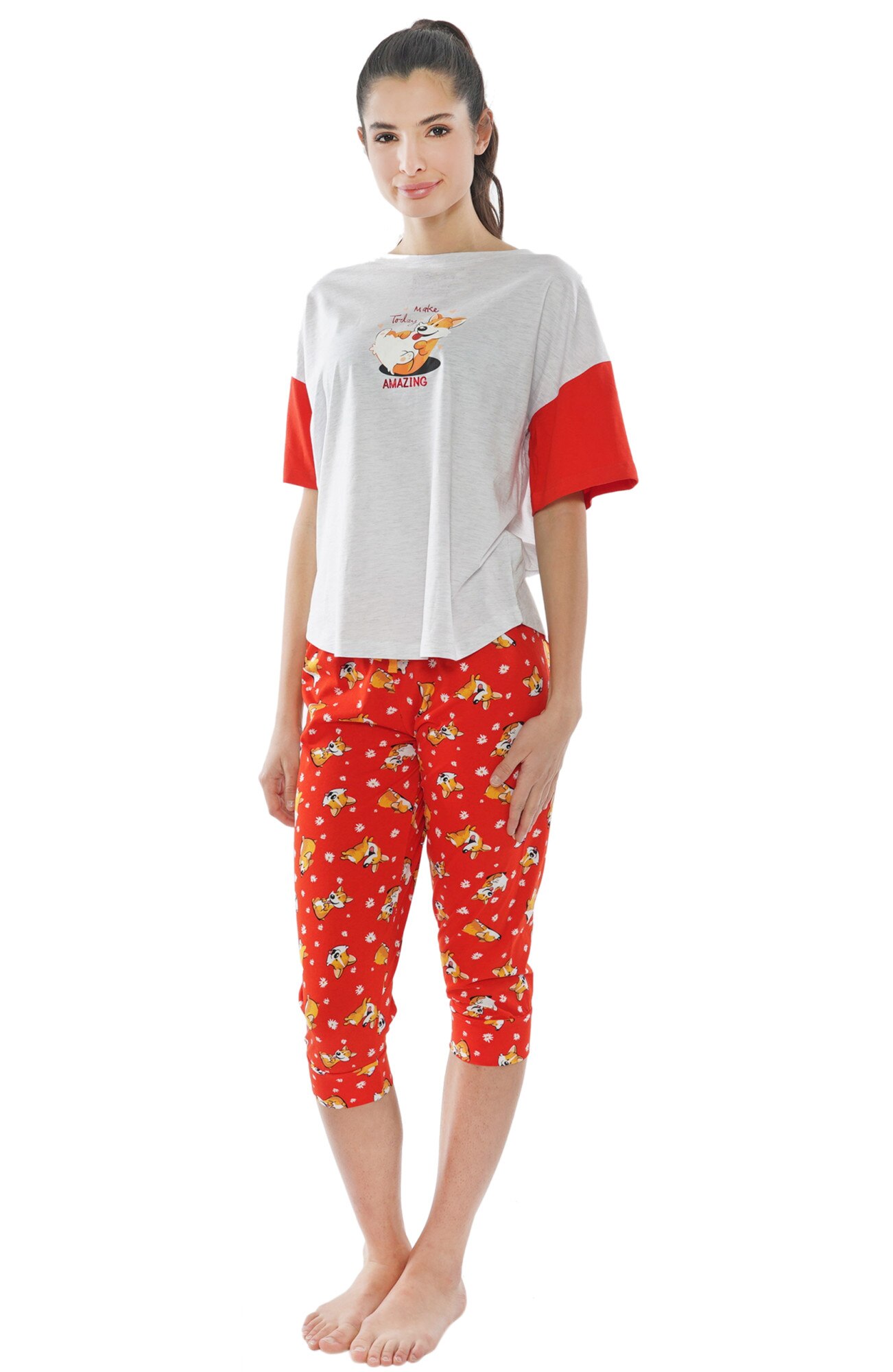 Pijama dama Vienetta, model Good Things, gri melange/rosu