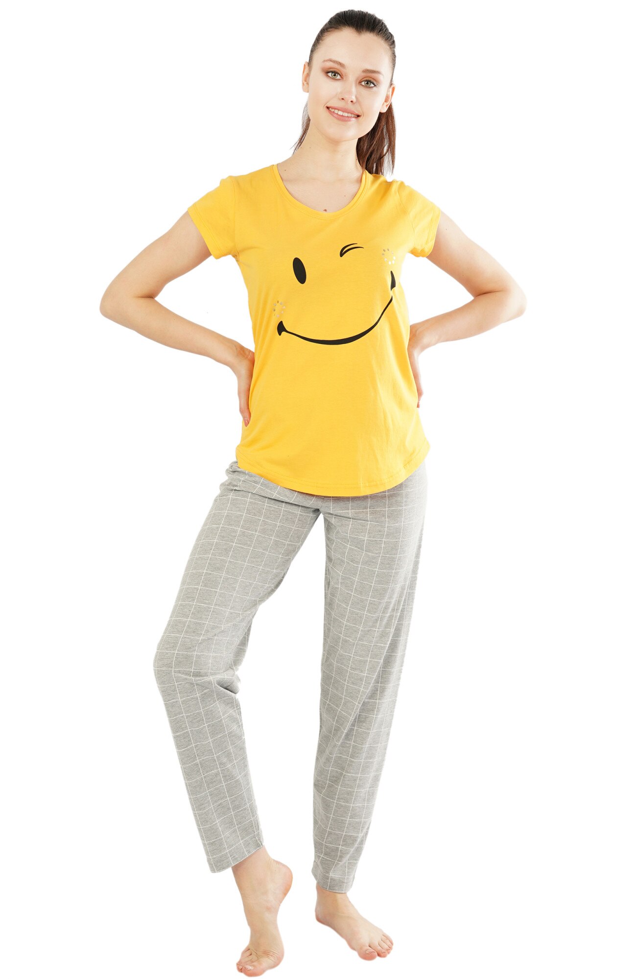 Pijama dama Vienetta, model Smile Today, galben/gri melange