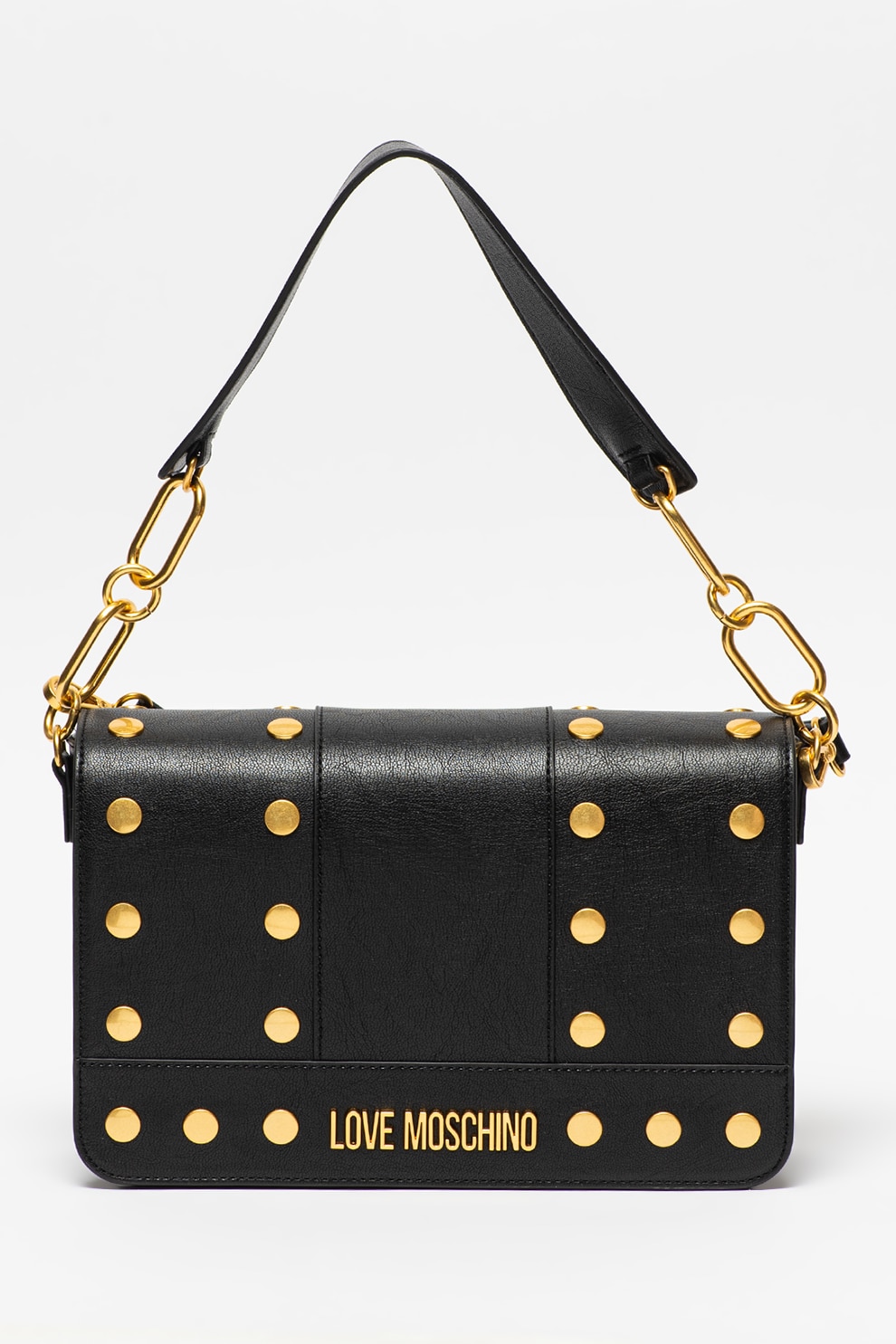 Love Moschino, Geanta din piele ecologica cu bareta de umar si tinte, Negru/Auriu