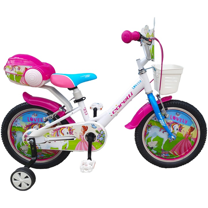Велосипед Corelli Lovely 16", За деца, Single-Speed, Бял/Син, Включени аксесоари