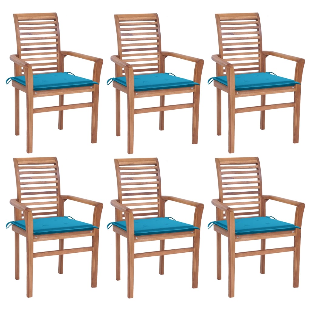 Set de 6 scaune cu brate cu perne de exterior, vidaXL, Lemn de tec, 62 x 56,5 x 94 cm, Maro/Albastru deschis