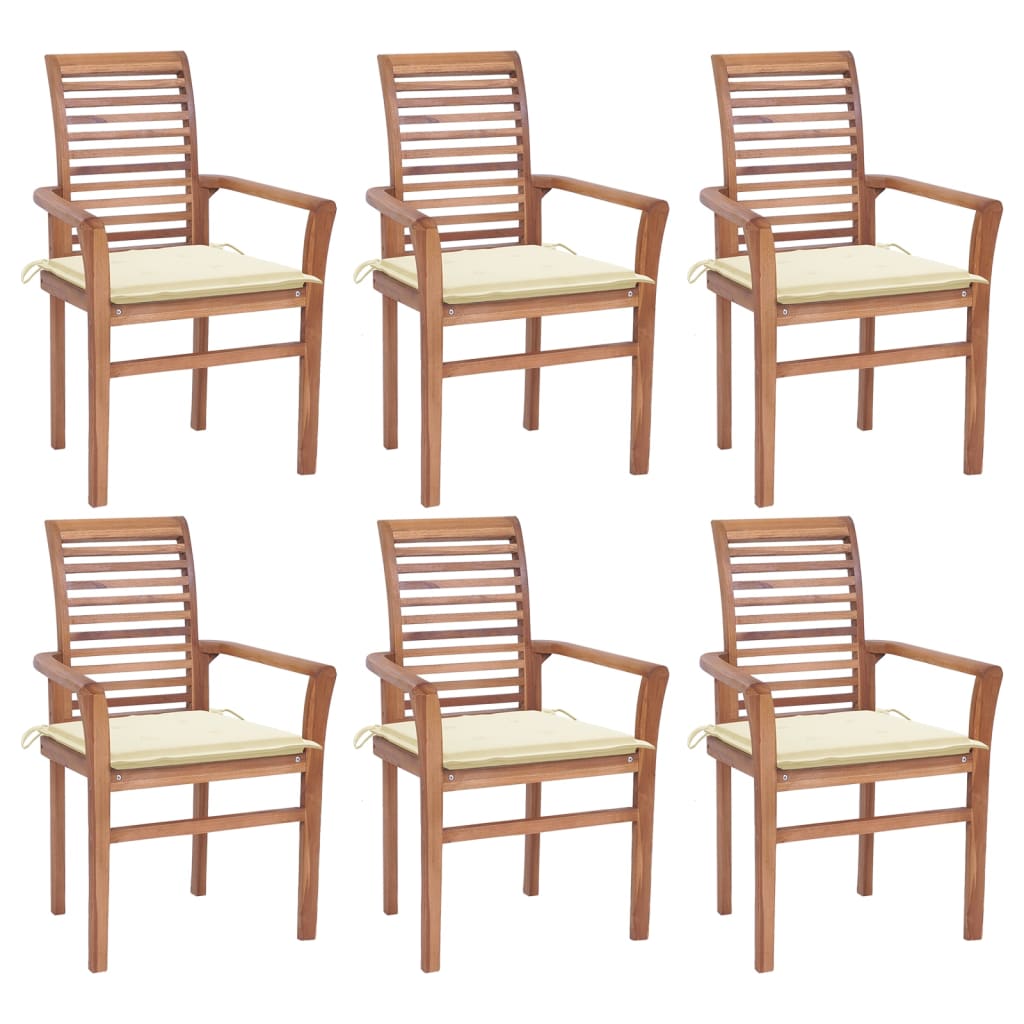 Set de 6 scaune cu brate cu perne de exterior, vidaXL, Lemn de tec, 62 x 56,5 x 94 cm, Maro/Crem