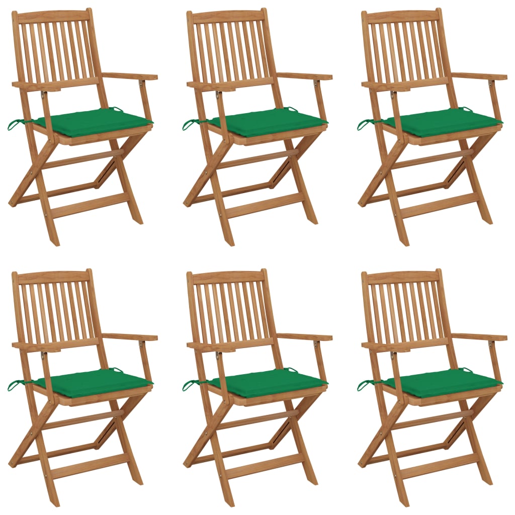 Set de 6 scaune pliabile de gradina, vidaXL, Lemn de acacia, 54 x 57 x 91 cm, 4 cm, Maro/Verde
