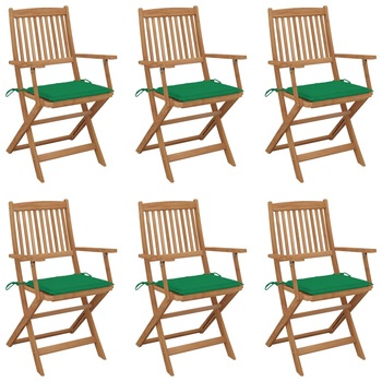 Set de 6 scaune pliabile de gradina cu perna din lemn masiv de acacia vidaXL, Lemn, 54 x 57 x 91 cm, Maro/Verde