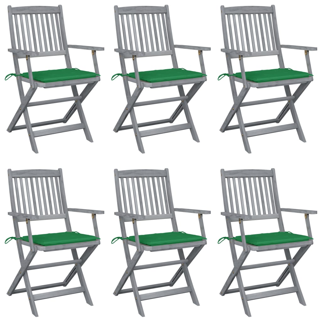 Set de 6 scaune pliabile de gradina, vidaXL, Lemn de acacia, 54 x 57 x 91 cm, 4 cm, Gri/Verde