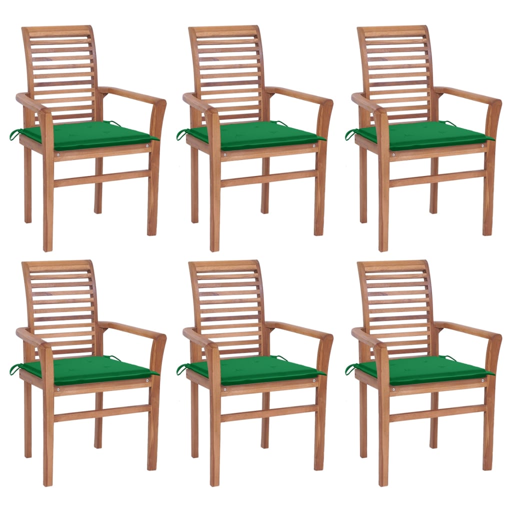 Set de 6 scaune cu brate cu perne de exterior, vidaXL, Lemn de tec, 62 x 56,5 x 94 cm, Maro/Verde