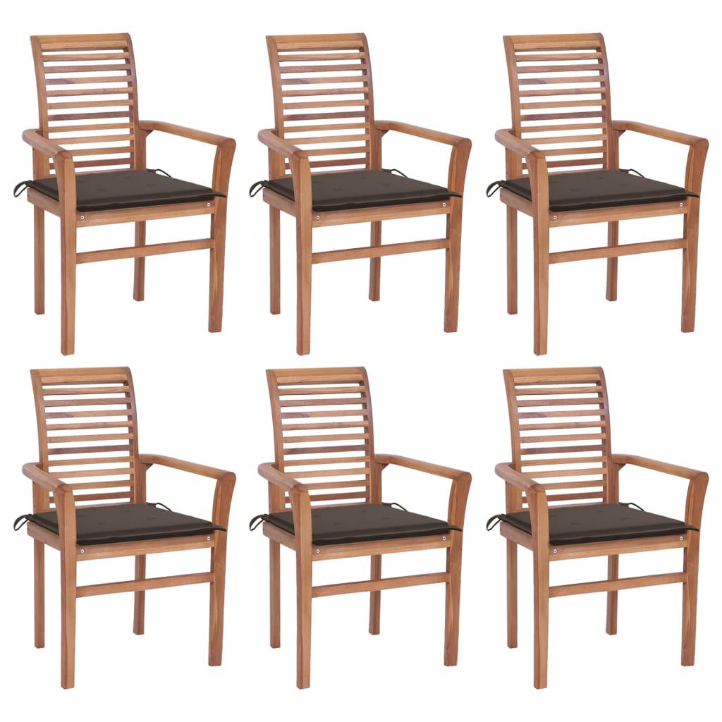 Set de 6 scaune cu brate cu perne de exterior, vidaXL, Lemn de tec, 62 x 56,5 x 94 cm, Maro/Gri taupe