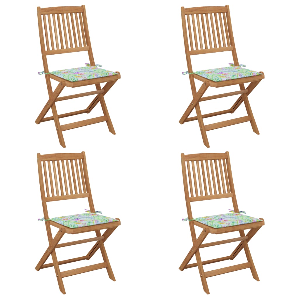 Set de 4 scaune pliabile de gradina, vidaXL, Lemn de acacia, 48,5 x 57 x 91 cm, 4 cm, Maro/Multicolor motiv tropical