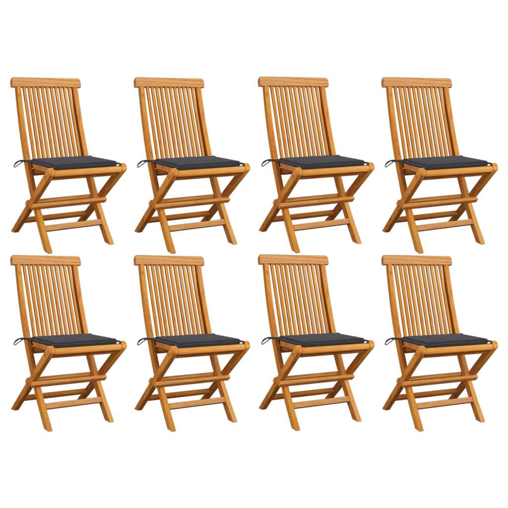 Set de 8 scaune pliabile cu perne sezut de exterior, vidaXL, Lemn de tec, 47 x 60 x 89 cm, Maro/Antracit