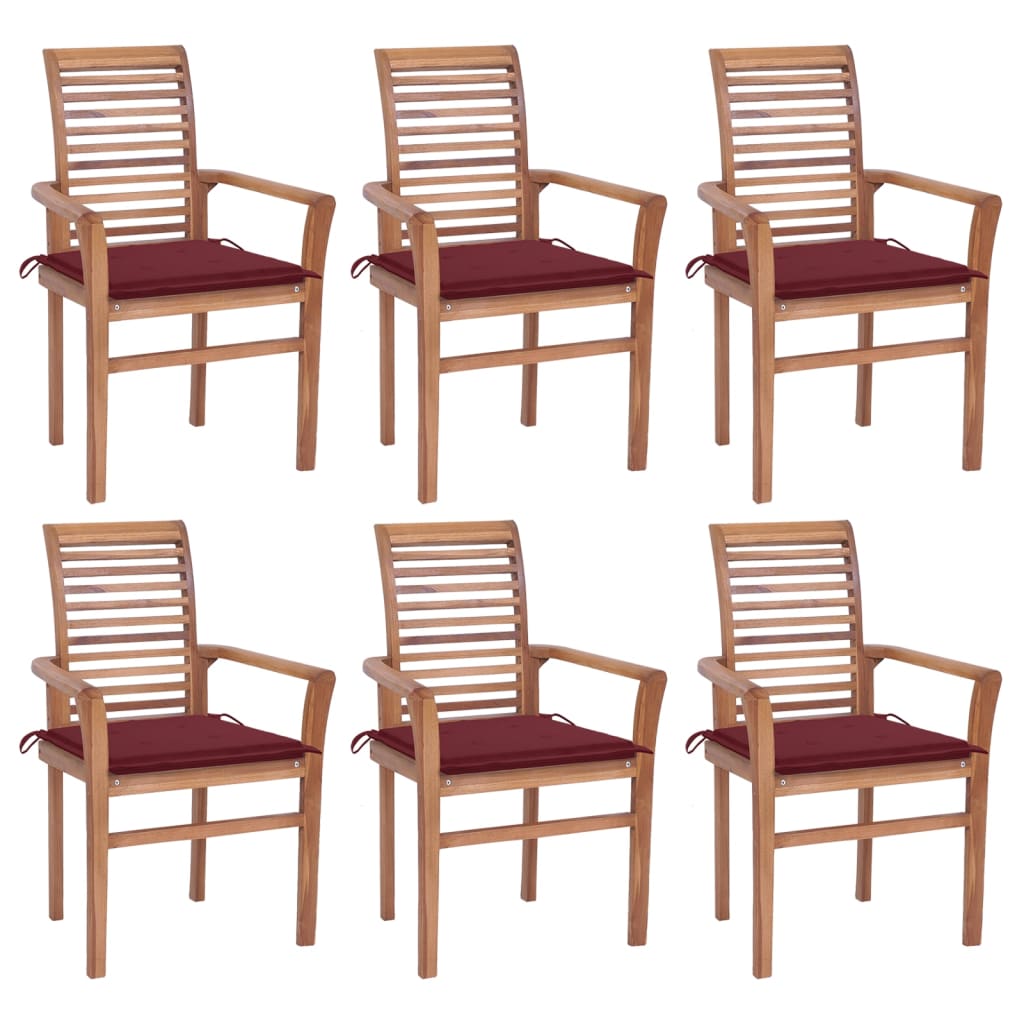 Set de 6 scaune cu brate cu perne de exterior, vidaXL, Lemn de tec, 62 x 56,5 x 94 cm, Maro/Grena