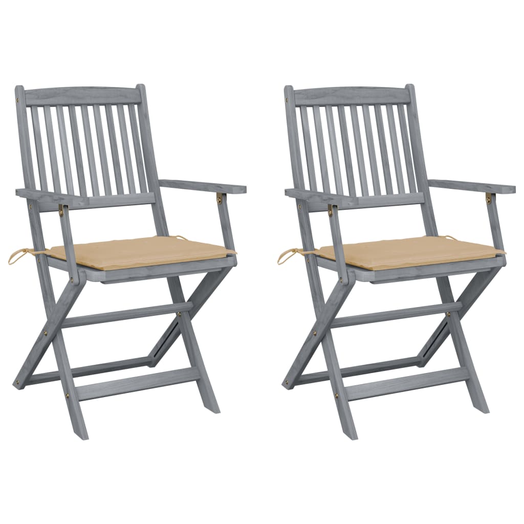 Set de 2 scaune pliabile de gradina-exterior, cu brate, vidaXL, Lemn de acacia, 54 x 57 x 91 cm, 4 cm, Gri/Bej