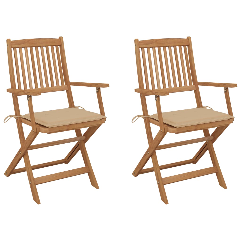 Set de 2 scaune pliabile de gradina, vidaXL, Lemn de acacia, 54 x 57 x 91 cm, 4 cm, Maro/Bej
