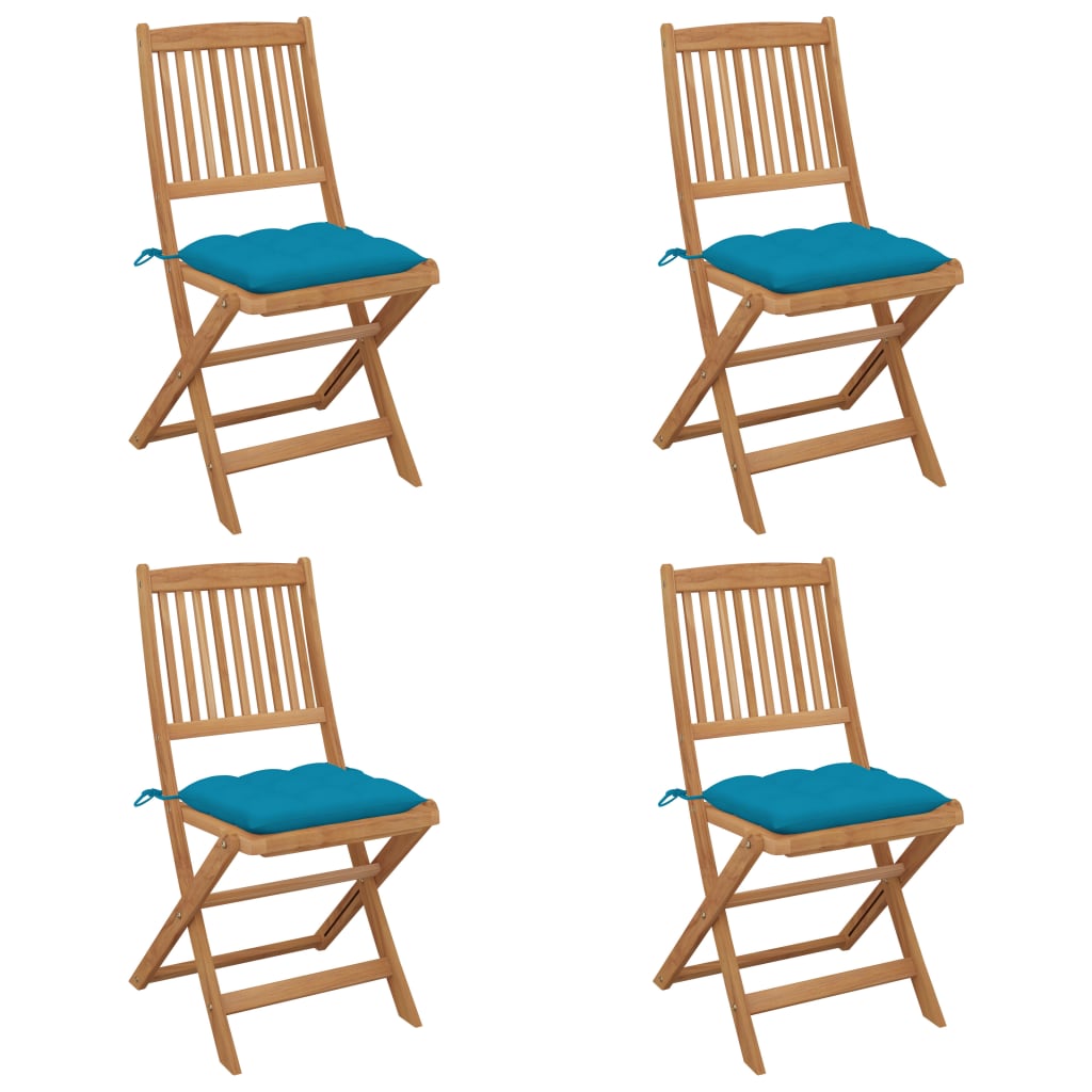 Set de 4 scaune pliabile de gradina, vidaXL, Lemn de acacia, 48,5 x 57 x 91 cm, Maro/Albastru