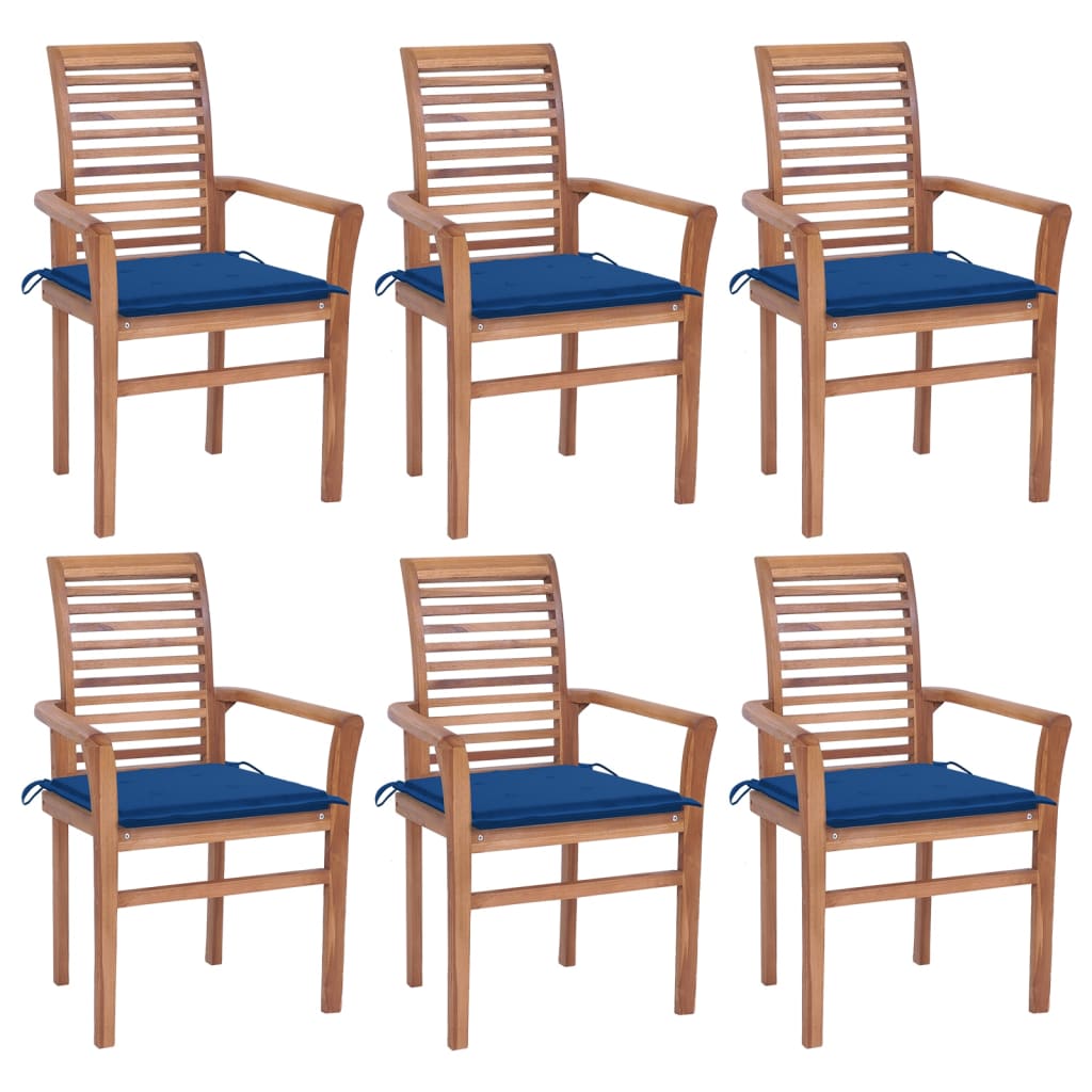 Set de 6 scaune cu brate cu perne de exterior, vidaXL, Lemn de tec, 62 x 56,5 x 94 cm, Maro/Albastru