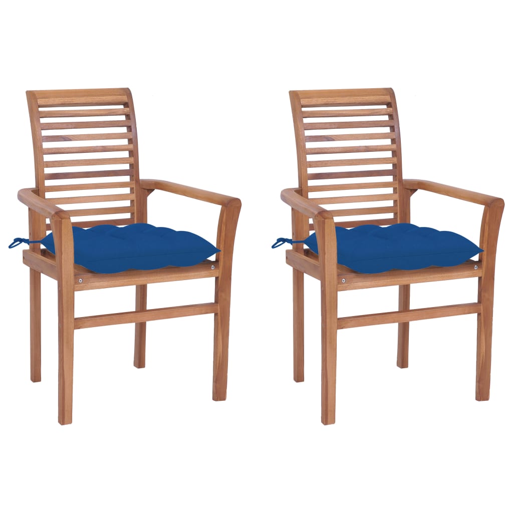 Set de 2 scaune de exterior cu perne, vidaXL, Lemn de tec, 62 x 56,5 x 94 cm, 7 cm, Maro-Albastru