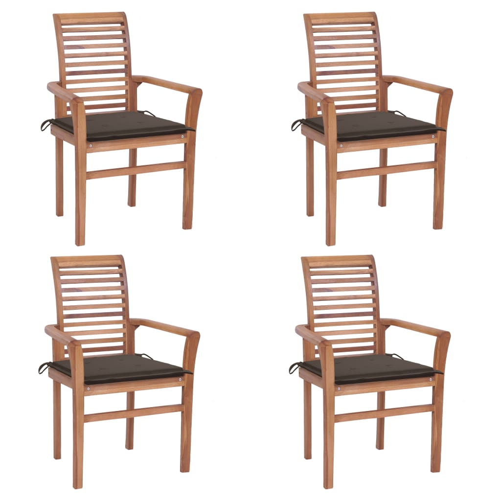 Set de 4 scaune de exterior cu perne, vidaXL, Lemn de tec, 62 x 56,5 x 94 cm, Maro-Gri taupe