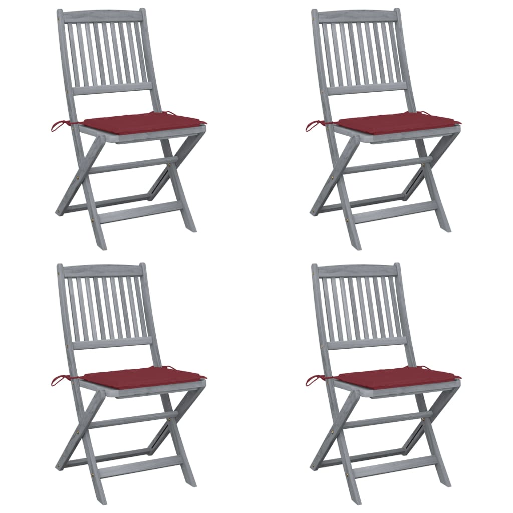 Set de 4 scaune pliabile de gradina-exterior, vidaXL, Lemn de acacia, 48,5 x 57 x 91 cm, 4 cm, Gri/Grena
