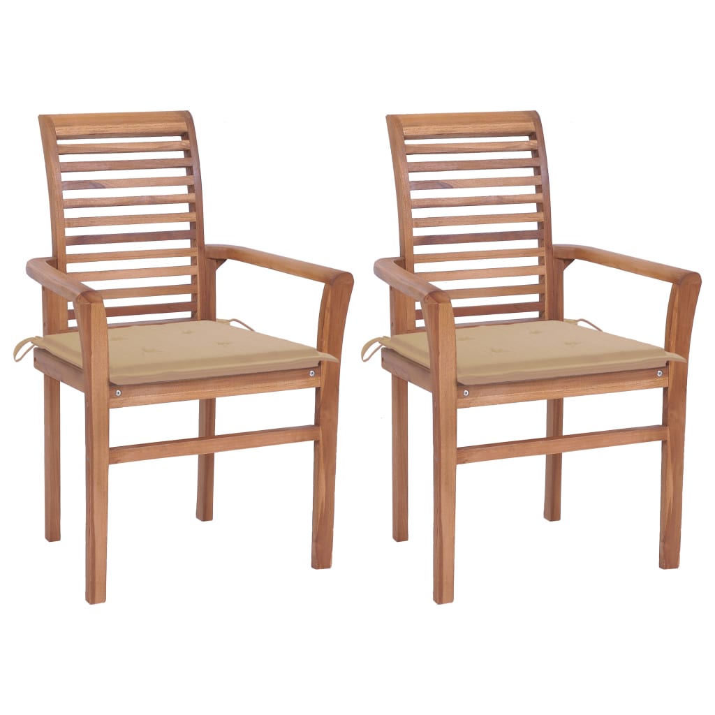 Set de 2 scaune de exterior cu perne, vidaXL, Lemn de tec, 62 x 56,5 x 94 cm, 4 cm, Maro-Bej