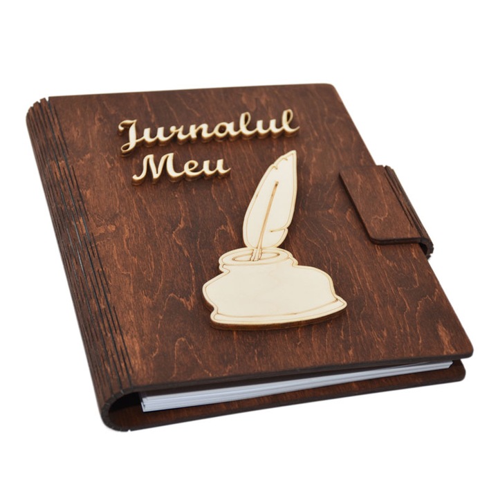 Agenda Jurnalul Meu A5 din lemn personalizat, maro, Piksel, 100 pagini si pix din lemn inclus