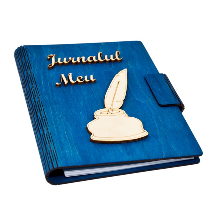 Agenda Jurnalul Meu A5 din lemn personalizat, Albastru, Piksel, 100 pagini si pix din lemn inclus