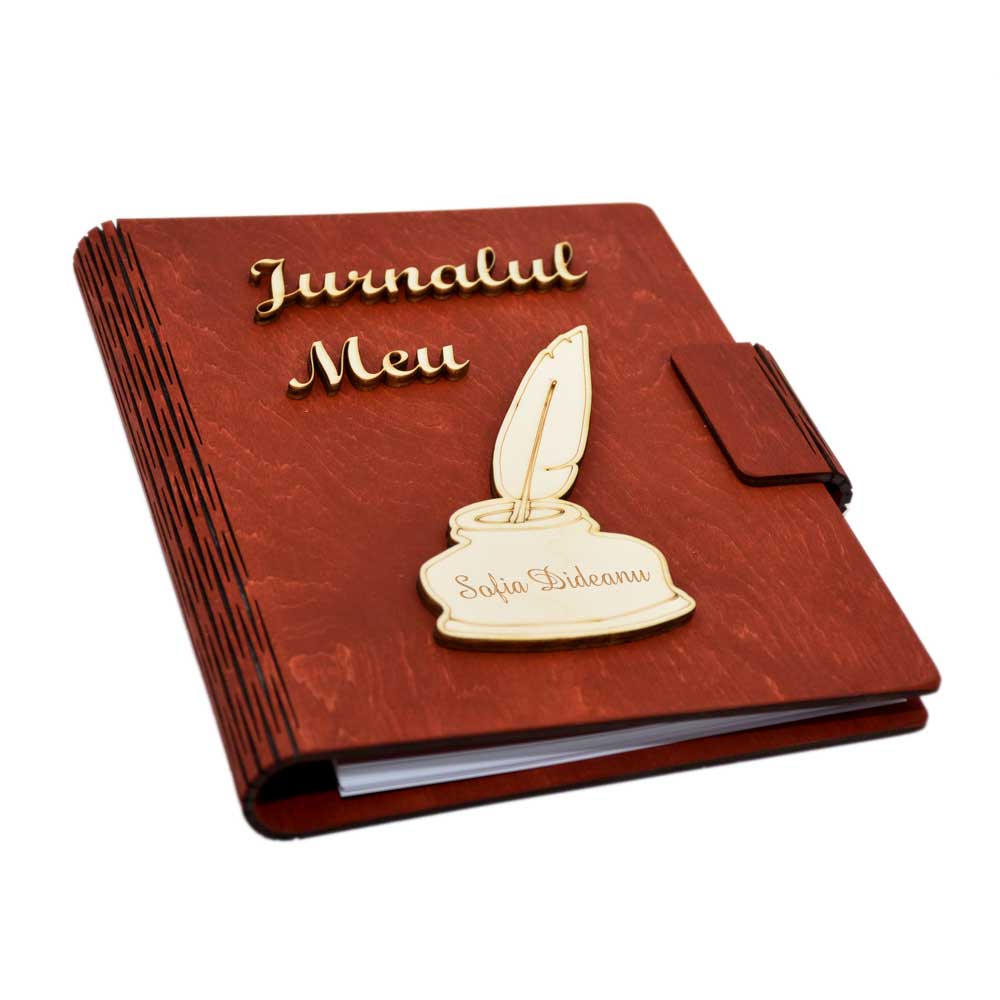 Agenda Jurnalul Meu A5 din lemn personalizat, rosu, Piksel, 100 pagini si pix din lemn inclus