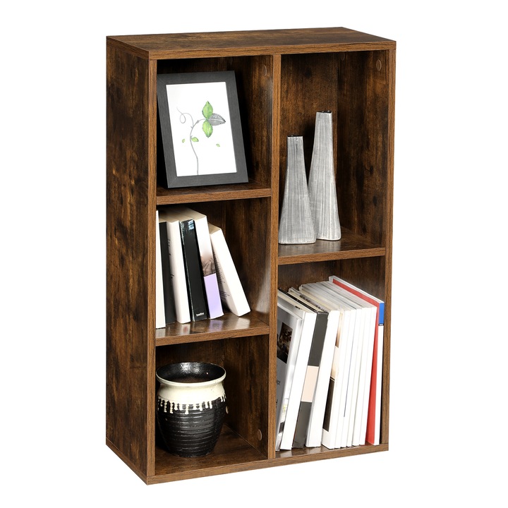 VASAGLE Biblioteca, raft cu 5 unitati de depozitare, pentru living, din lemn, 50x24x80cm, maro rustic
