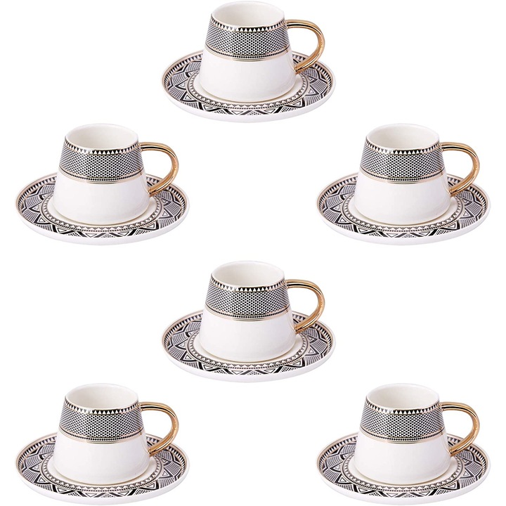 Комплект 6 чаши за кафе Karaca, Globe, Porcelain, Бяло/Черно, 85 ml