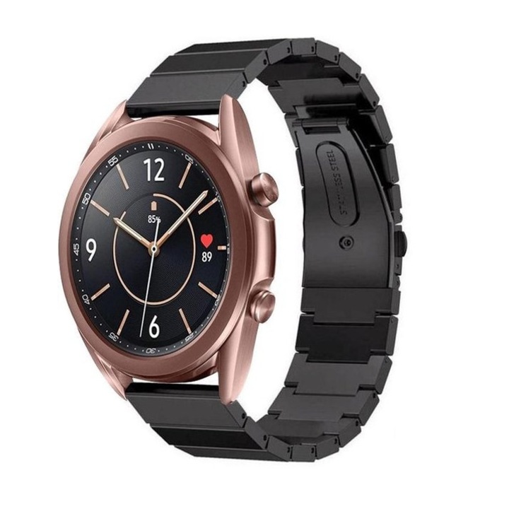Curea metalica compatibila Samsung Galaxy Watch 3 41mm, MTP, Zale Duble, telescoape Quick Release, Negru