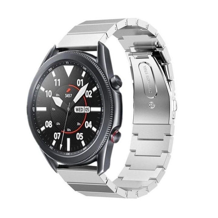 Curea metalica compatibila Samsung Galaxy Watch 3 45mm, MTP, Zale Duble, telescoape Quick Release, Silver