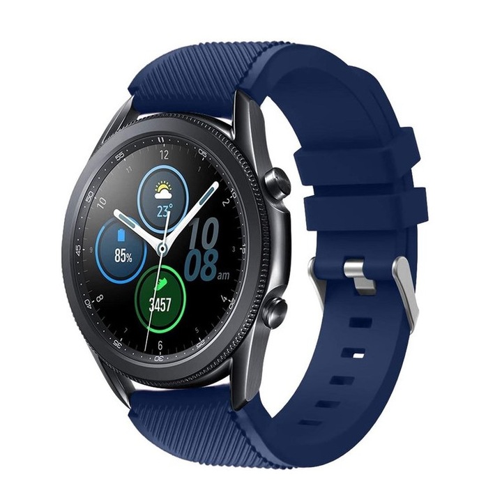 Curea din silicon, compatibila Samsung Galaxy Watch 3 45mm, Silicon cu striatii Diagonale, Telescoape Quick Release, 22mm, Midnight Blue