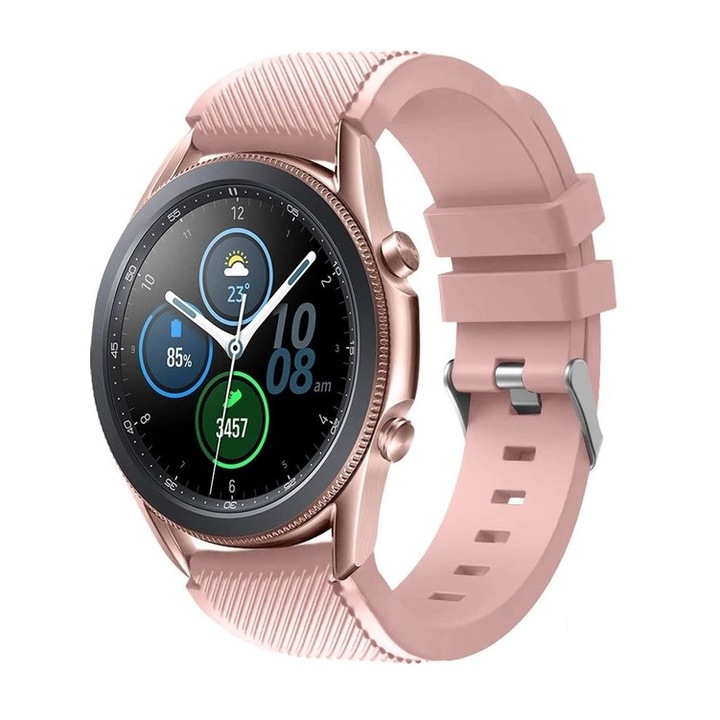 Curea din silicon, compatibila Samsung Galaxy Watch 3 45mm, Silicon cu striatii Diagonale, Telescoape Quick Release, 22mm, Pink Sand
