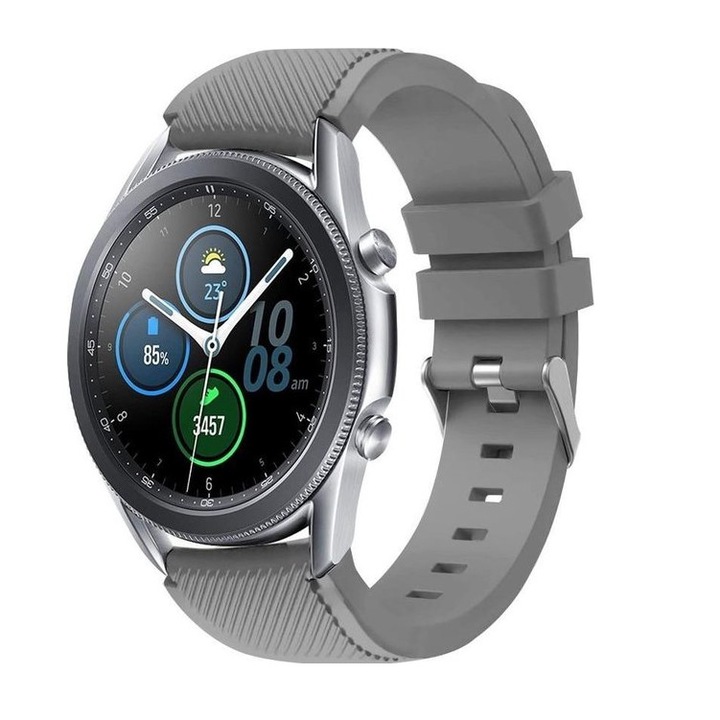 Curea din silicon, compatibila Samsung Galaxy Watch 3 45mm, Silicon cu striatii Diagonale, Telescoape Quick Release, 22mm, Gray