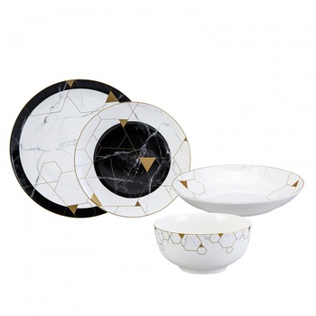 Set 24 de vase din portelan pentru 6 persoane Karaca, Alb/Negru/Auriu Set 24 de vase din portelan pentru 6 persoane Karaca, Alb/Negru/Auriu