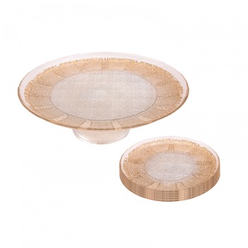 Set suport desert si 6 farfurii Karaca, Sticla, Transparent/Bej Set suport desert si 6 farfurii Karaca, Sticla, Transparent/Bej