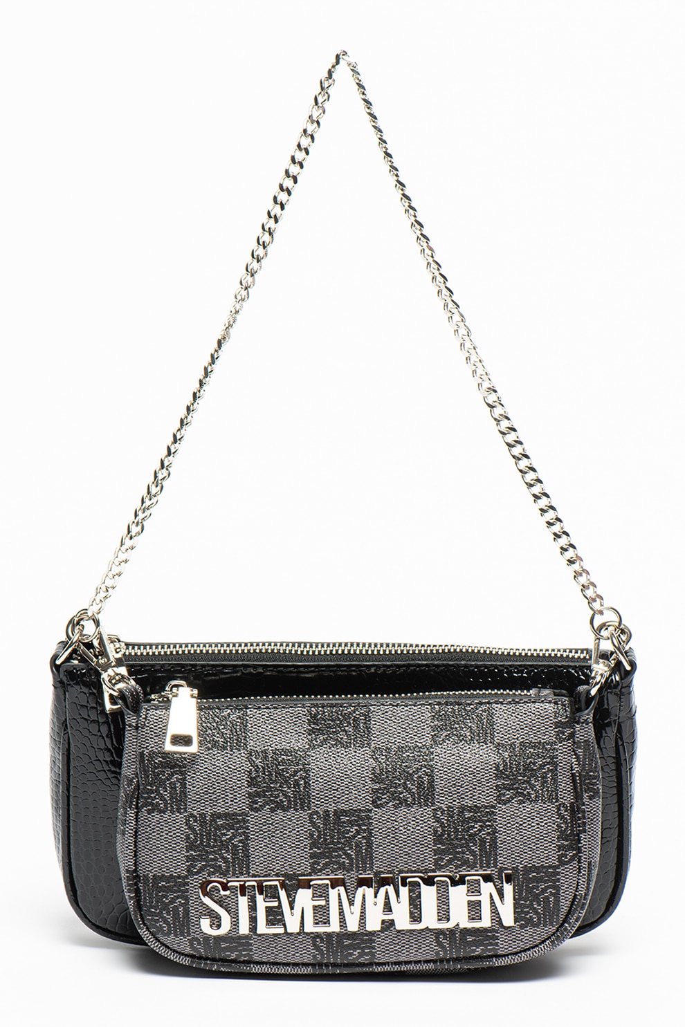 Steve Madden, Geanta cu portmoneu si etui Urgent, Negru/Gri inchis