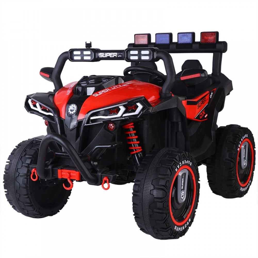 ATV electric pentru copii cu 4 motoare si 2 viteze, lumini in fata,spate si superioare, functie SWING,negru-rosu