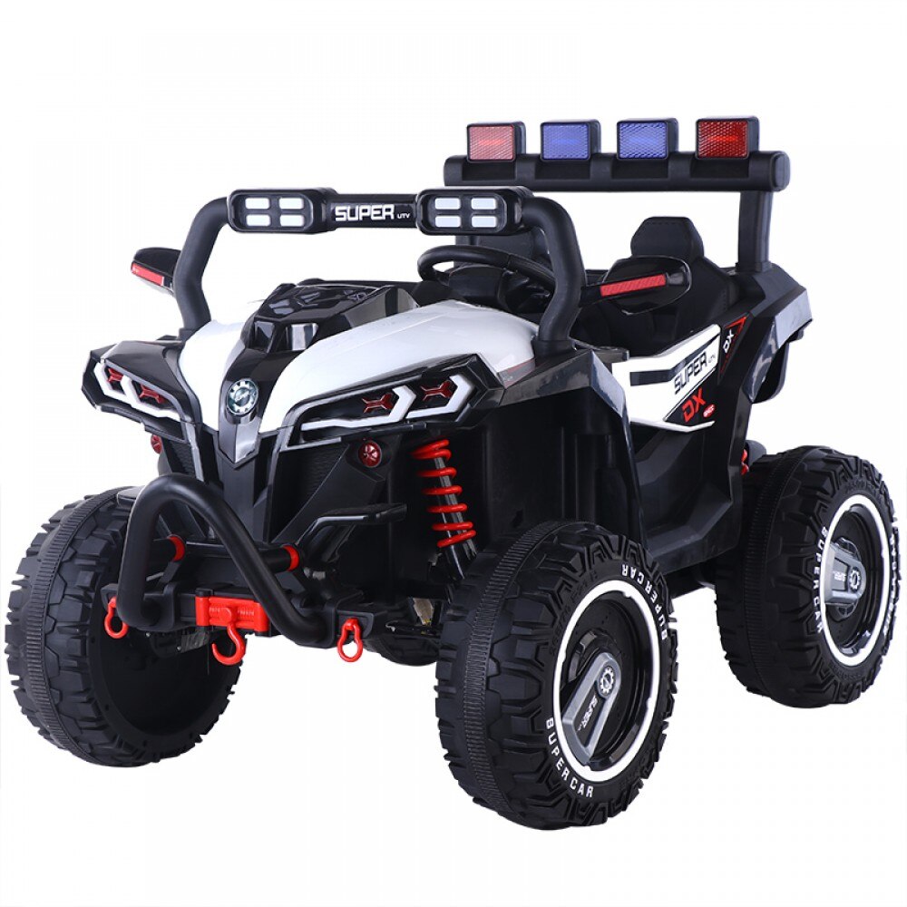 ATV electric pentru copii cu 4 motoare si 2 viteze, lumini in fata,spate si superioare, functie SWING,negru-alb