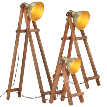 Set de 3 lampi de podea, vidaXL, Lemn/Metal, 28 x 65 x (145-150) cm, Auriu/Maro Set de 3 lampi de podea, vidaXL, Lemn/Metal, 28 x 65 x (145-150) cm, Auriu/Maro