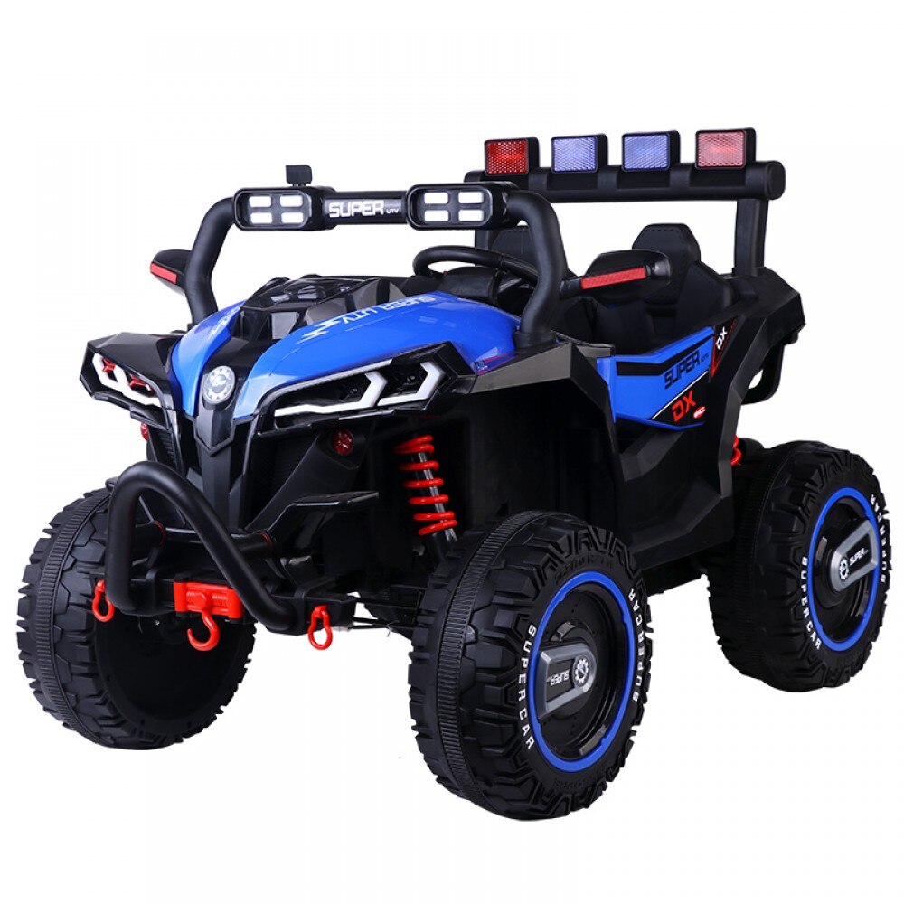 ATV electric pentru copii cu 4 motoare si 2 viteze, lumini in fata,spate si superioare, functie SWING,negru-albastru