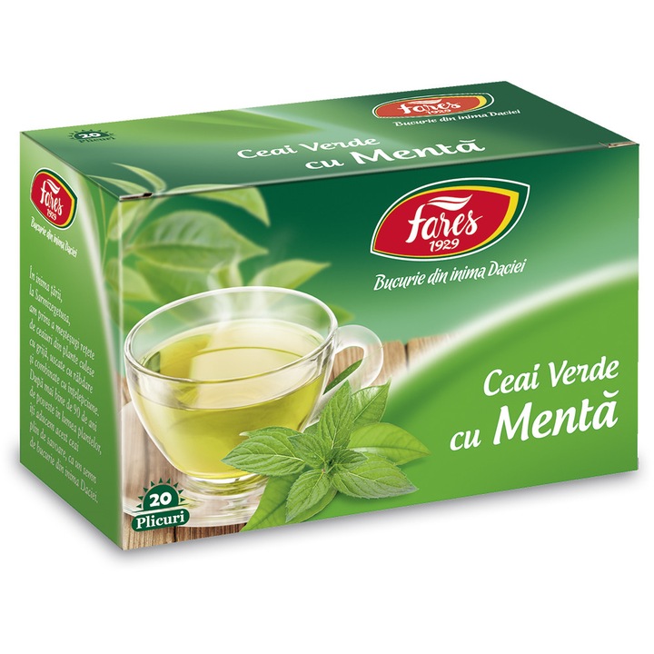 Ceai Verde cu Menta, 20 plicuri, Fares – antioxidant natural, prospetime si sustinere digestiva, infuzie revigoranta din ceai verde si menta
