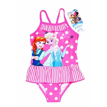 Costum de baie Frozen, roz cu buline albe si volan, fete, 4 ani Costum de baie Frozen, roz cu buline albe si volan, fete, 4 ani