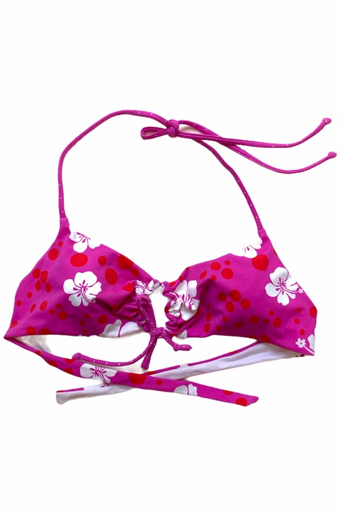 Costume de baie pentru damă - Top Golden Lady, fără căptușire, cu șireturi, model floral, ciclamen, Alb/Fucsia