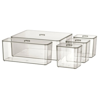 Set 5 organizator multifunctional tip cutie cu capac, fumuriu, diferite dimensiuni Set 5 organizator multifunctional tip cutie cu capac, fumuriu, diferite dimensiuni