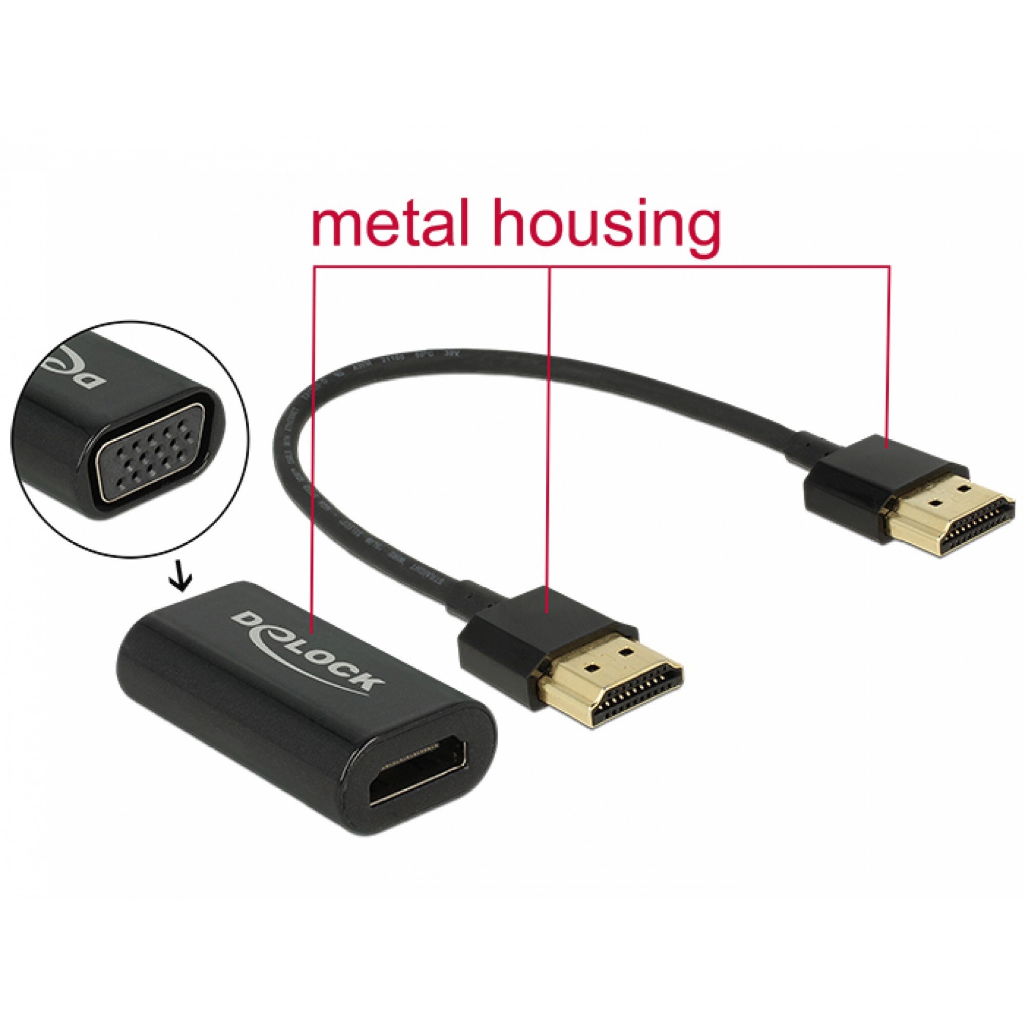 Adaptor HDMI la VGA TM carcasa metalica + cablu HDMI 15cm, Delock