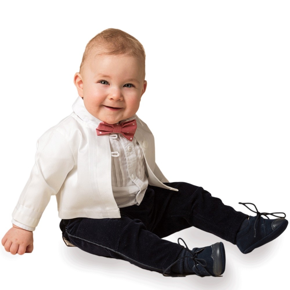 Costum botez baieti Innocence, format din camasa, cardigan, pantaloni. Papion cadou. 1-3 luni, 56-62 cm