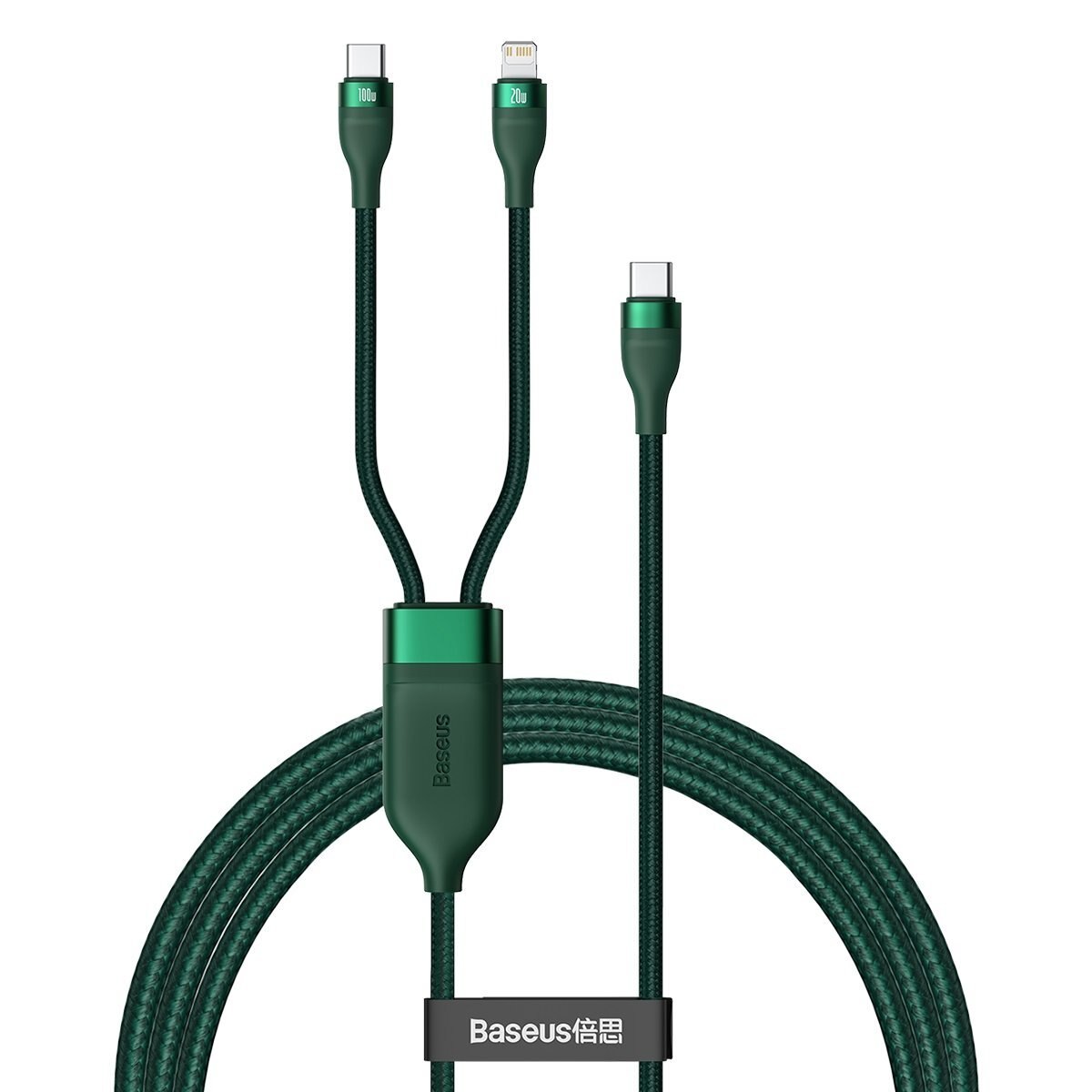 Cablu 2-in-1 Baseus Flash Series de USB-C la 2x USB-C, 100W, 1,5 m, Verde