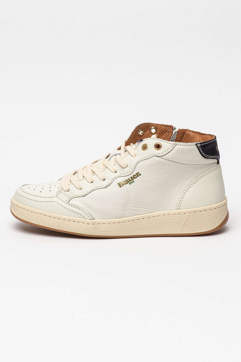 Blauer, Pantofi sport mid-high de piele si material textil Olympia, Alb prafuit