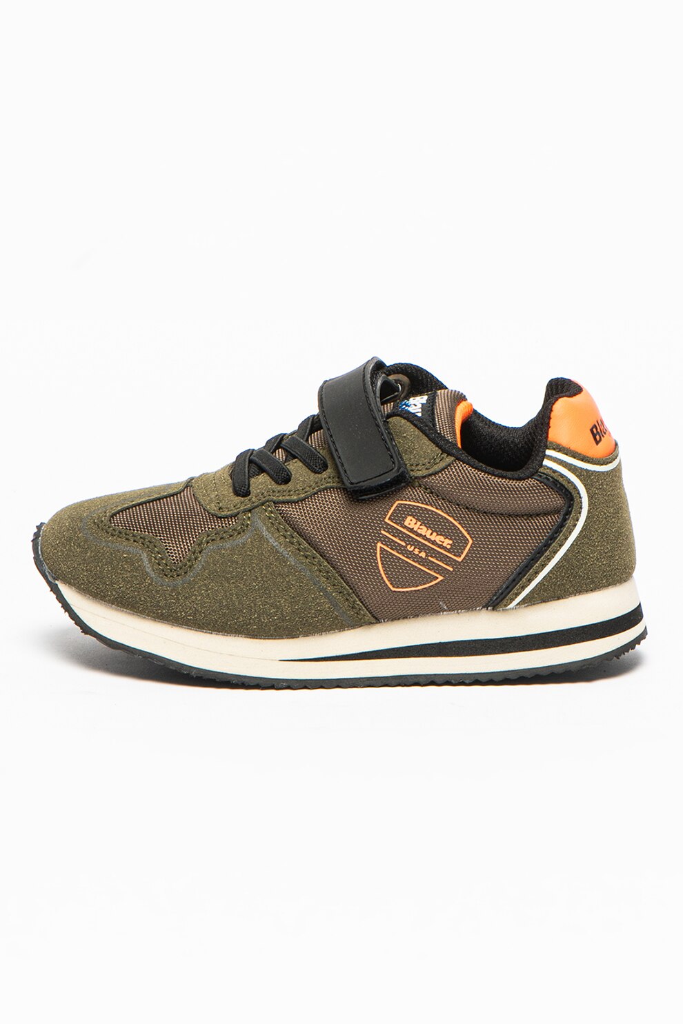 Blauer, Pantofi sport de piele ecologica si material textil cu velcro Quick, Verde forest/Oranj mandarina