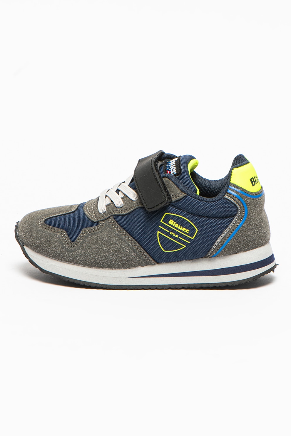 Blauer, Pantofi sport de piele ecologica si material textil cu velcro Quick, Bleumarin/Gri inchis/Verde lime